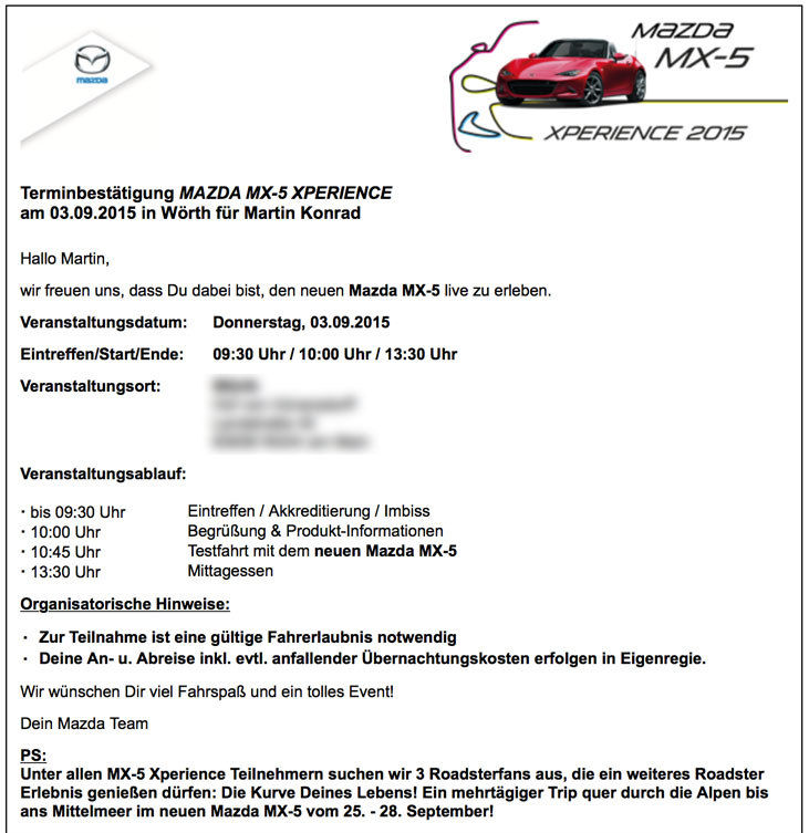 Einladung zur Mazda MX-5 Xperience 2015